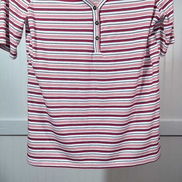 A.N.A. Women's Pink Red Striped Ribbed V-Neck Henley Blouse Top Size Medium - Picture 5 of 8